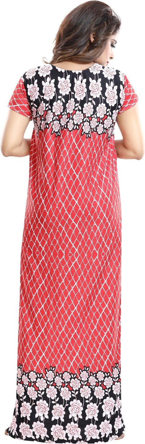 Fabme Women's Red Horizontal Zip Sarina Satin / Polyester Full Length Maternity Night Dress Nighty