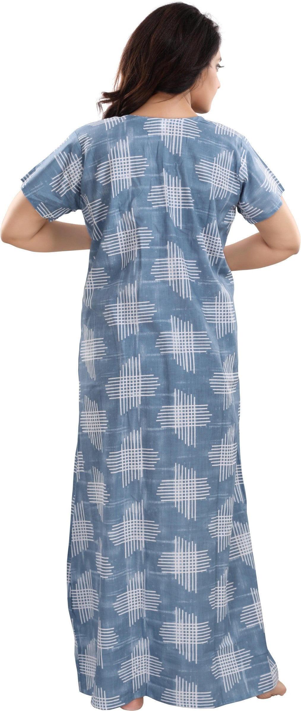 Fabme Women's Blue Horizontal Zip Cotton Full Length Maternity Night Dress Nighty