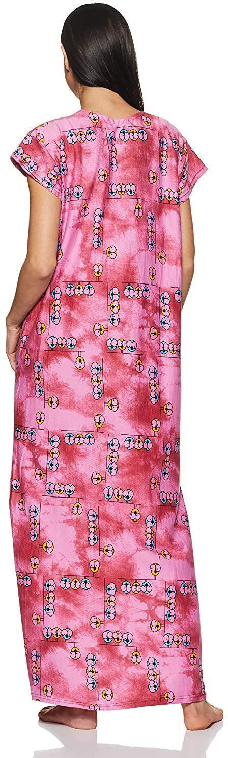 Fabme Women's Pink Printed Cotton Full Length EveryDay Night Dress Nighty