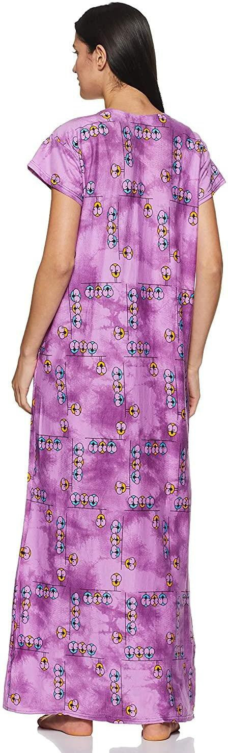 Fabme Women's Purple Printed Cotton Full Length EveryDay Night Dress Nighty