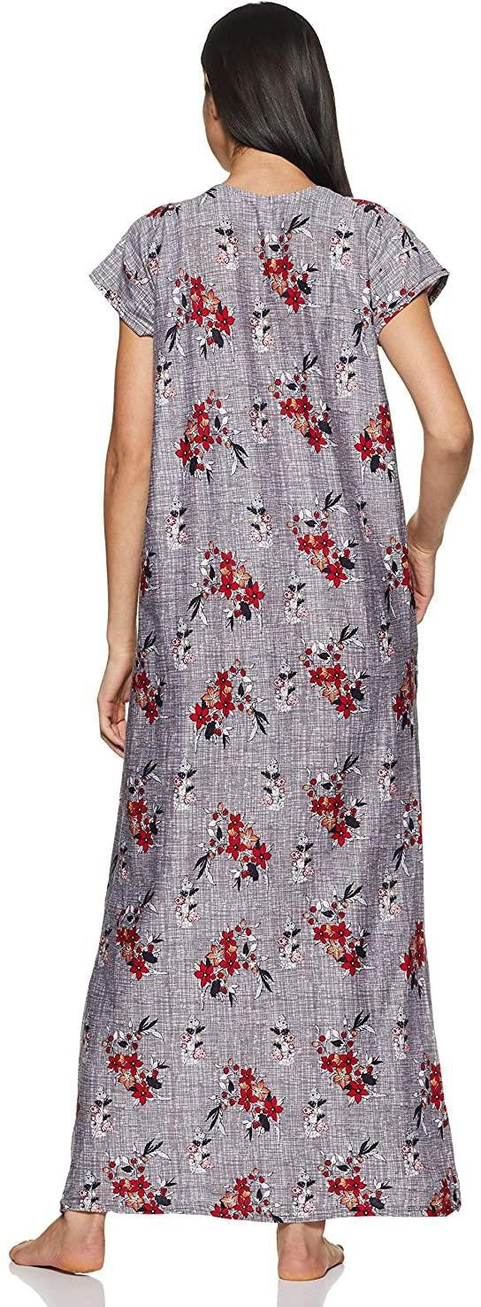 Fabme Women's grey Printed Cotton Full Length EveryDay Night Dress Nighty