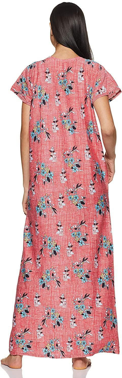 Fabme Women's Red Printed Cotton Full Length EveryDay Night Dress Nighty