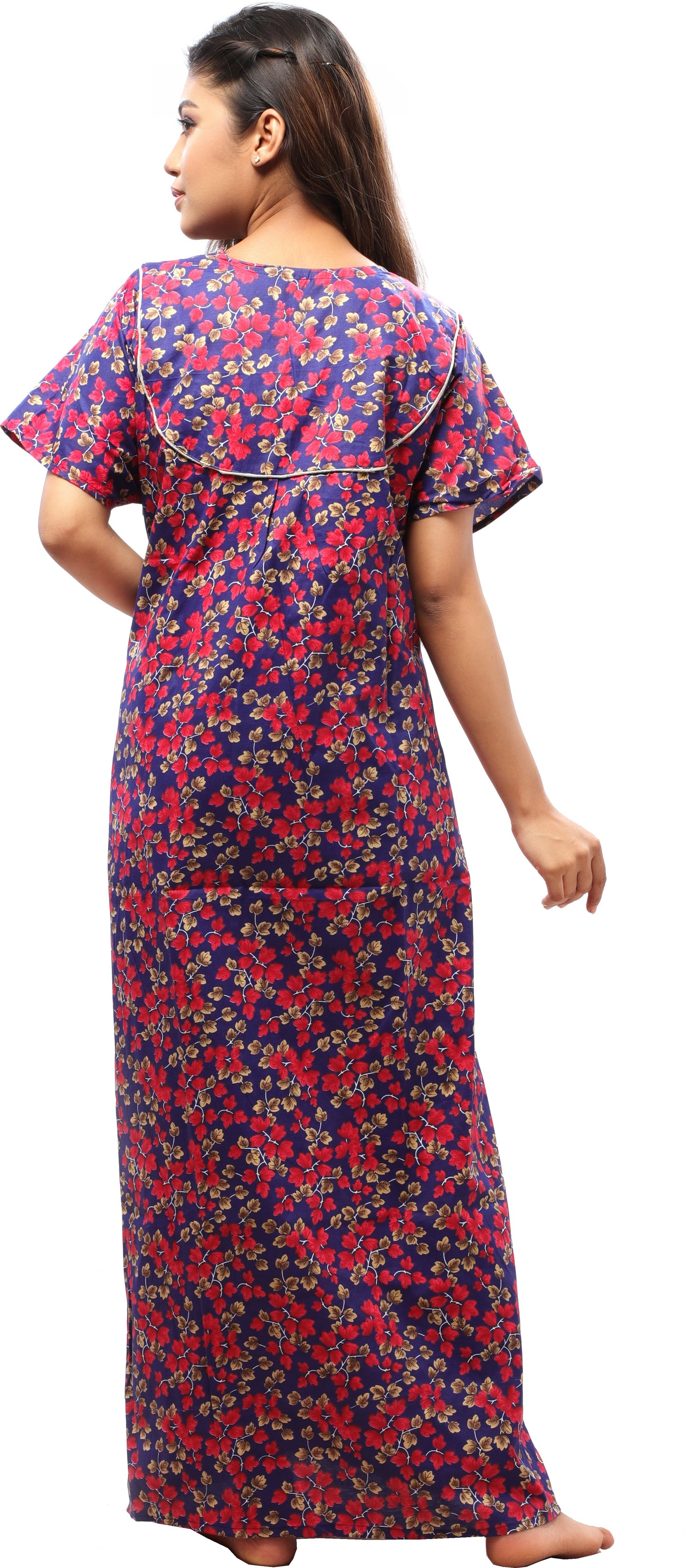 Fabme Women's Blue Printed Cotton Full Length EveryDay Night Dress Nighty