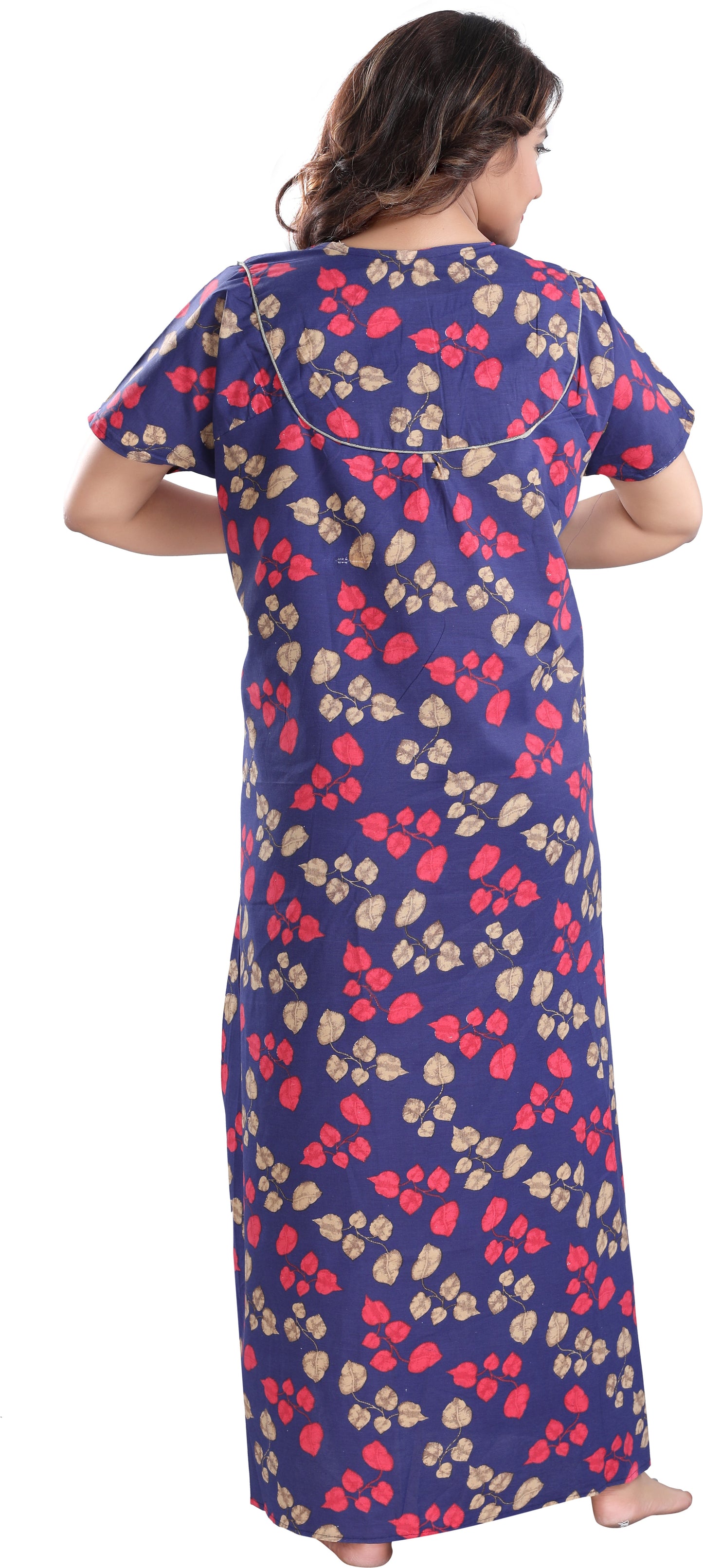 Fabme Women's Blue Printed Cotton Full Length EveryDay Night Dress Nighty