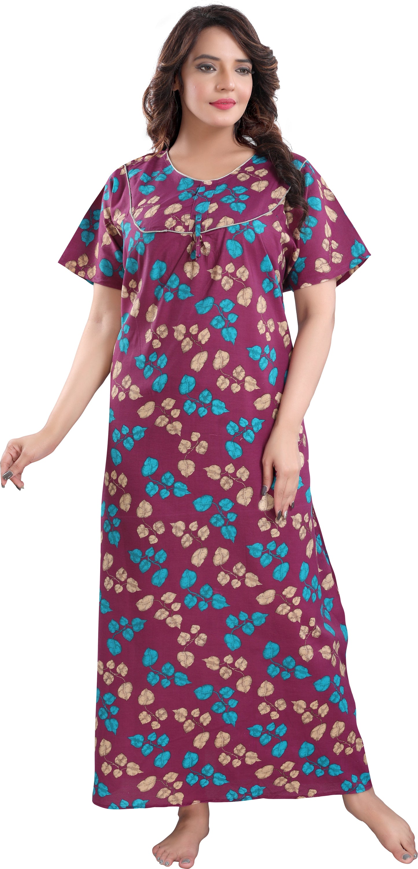 Fabme Women's Maroon Printed Cotton Full Length EveryDay Night Dress Nighty