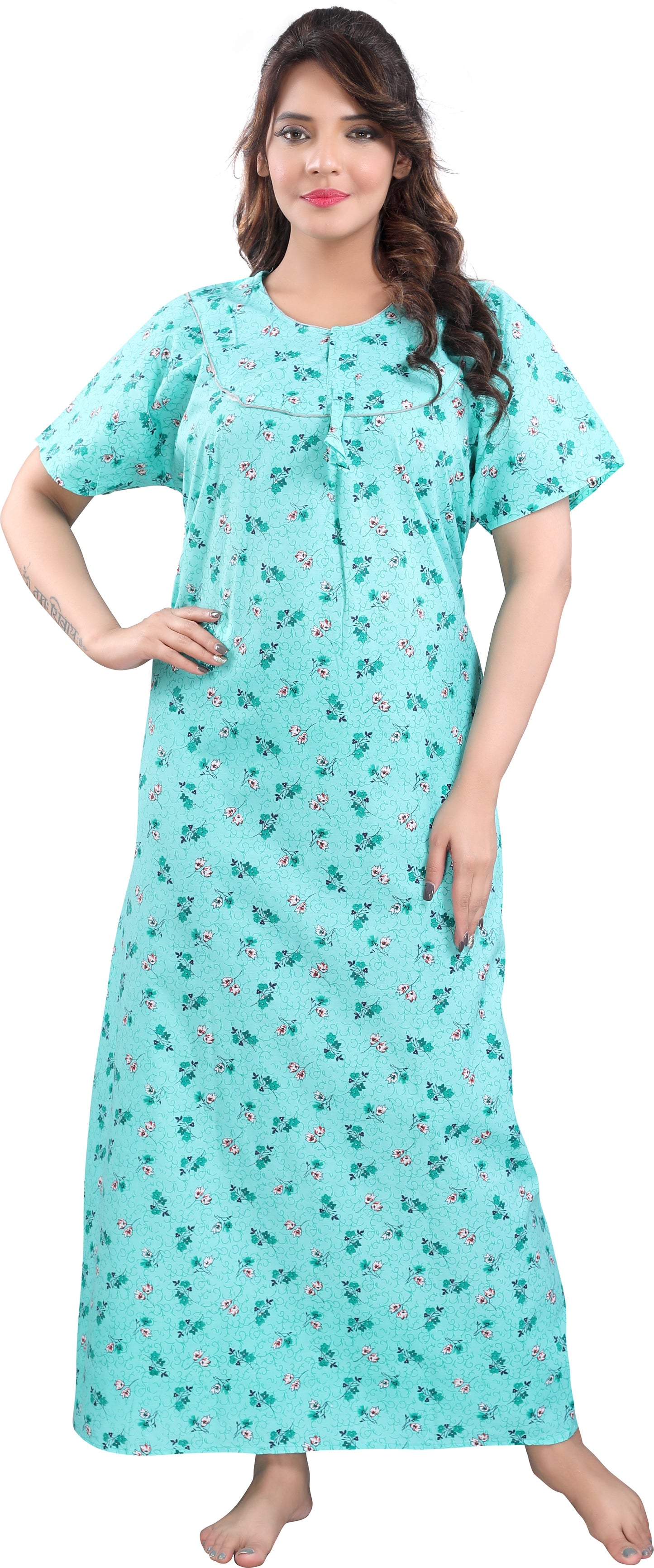 Fabme Women's Light Green Printed Cotton Full Length EveryDay Night Dress Nighty