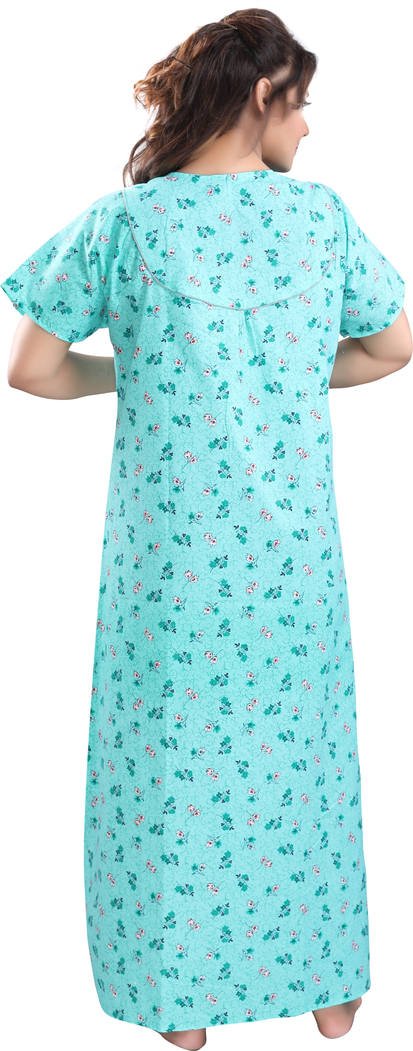 Fabme Women's Light Green Printed Cotton Full Length EveryDay Night Dress Nighty