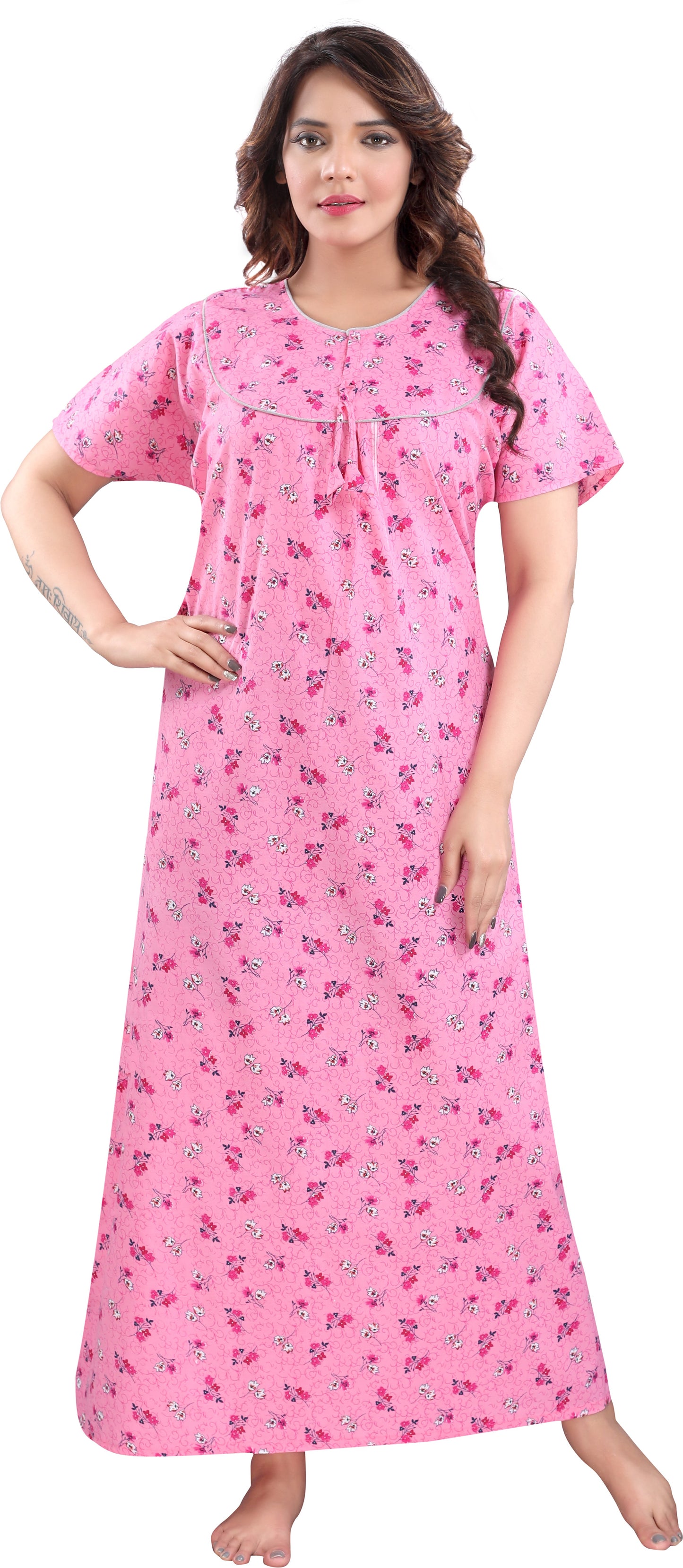 Fabme Women's Pink Printed Cotton Full Length EveryDay Night Dress Nighty