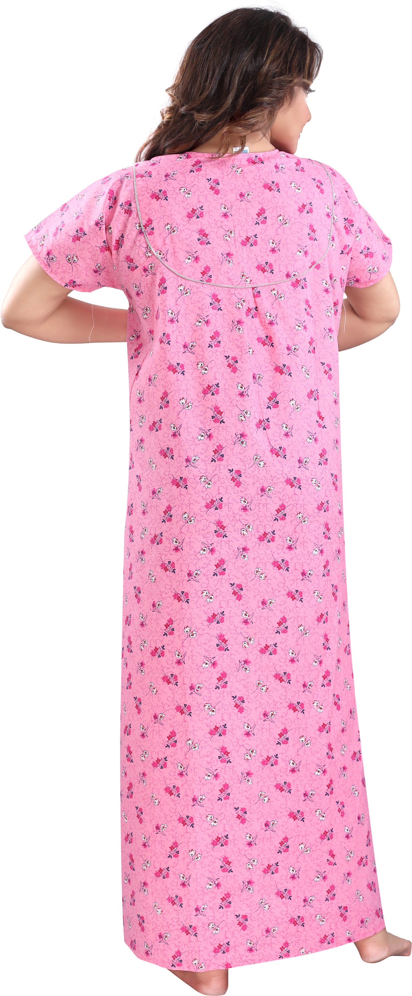 Fabme Women's Pink Printed Cotton Full Length EveryDay Night Dress Nighty