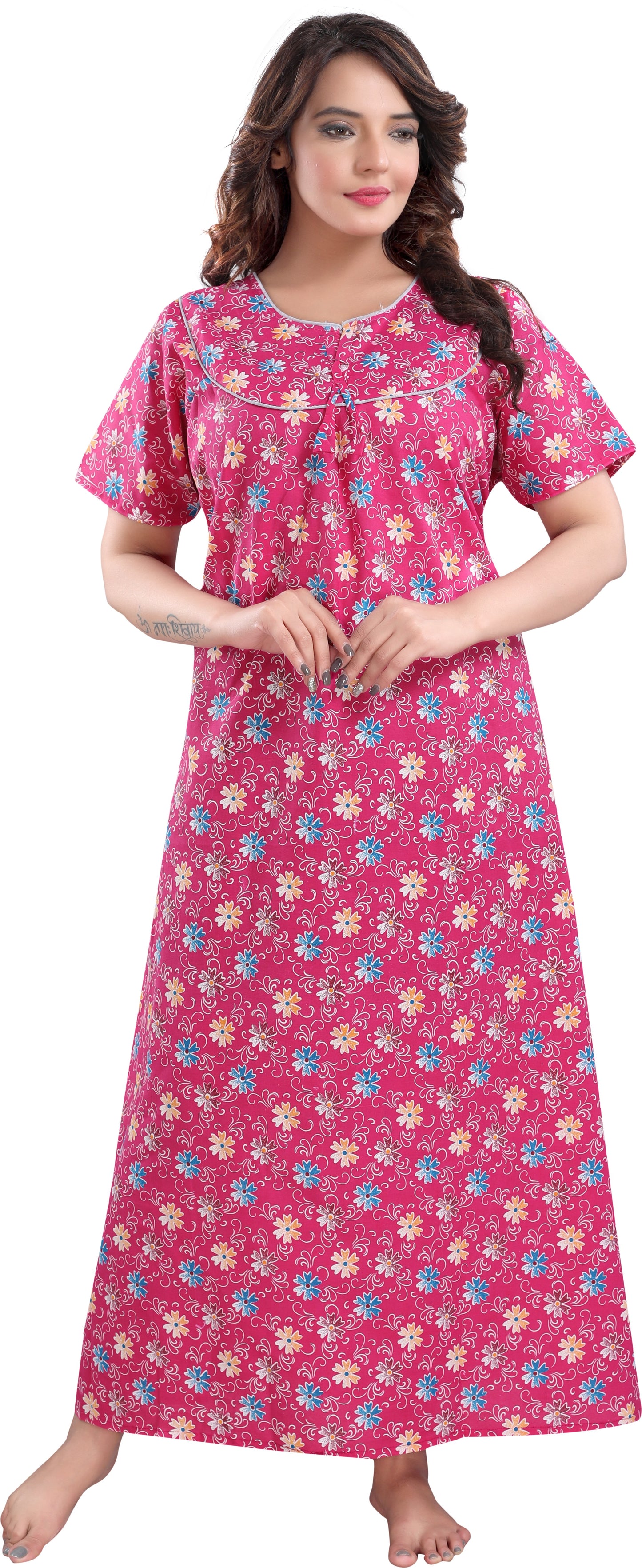 Fabme Women's Dark Pink Printed Cotton Full Length EveryDay Night Dress Nighty