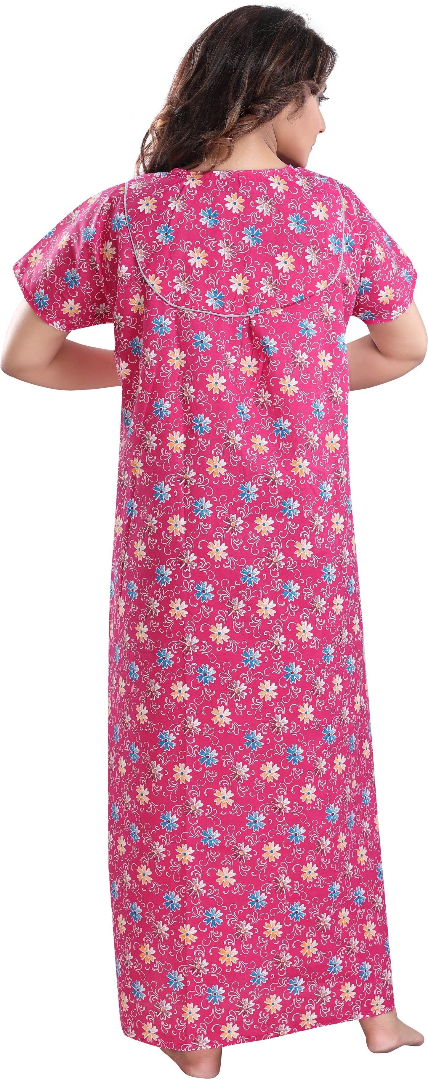Fabme Women's Dark Pink Printed Cotton Full Length EveryDay Night Dress Nighty