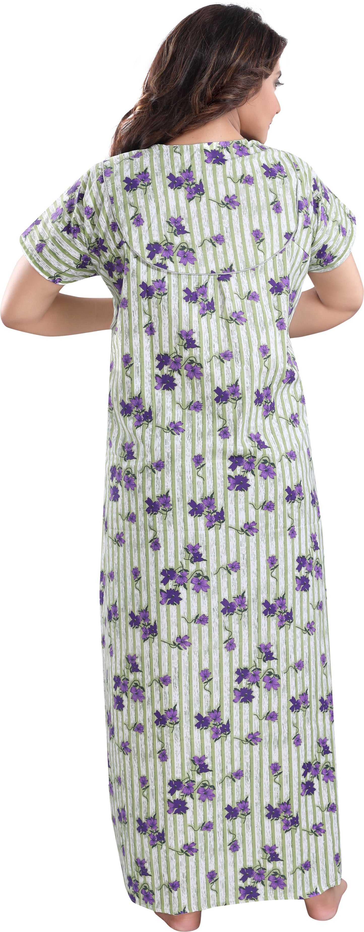Fabme Women's Light Green Printed Cotton Full Length EveryDay Night Dress Nighty