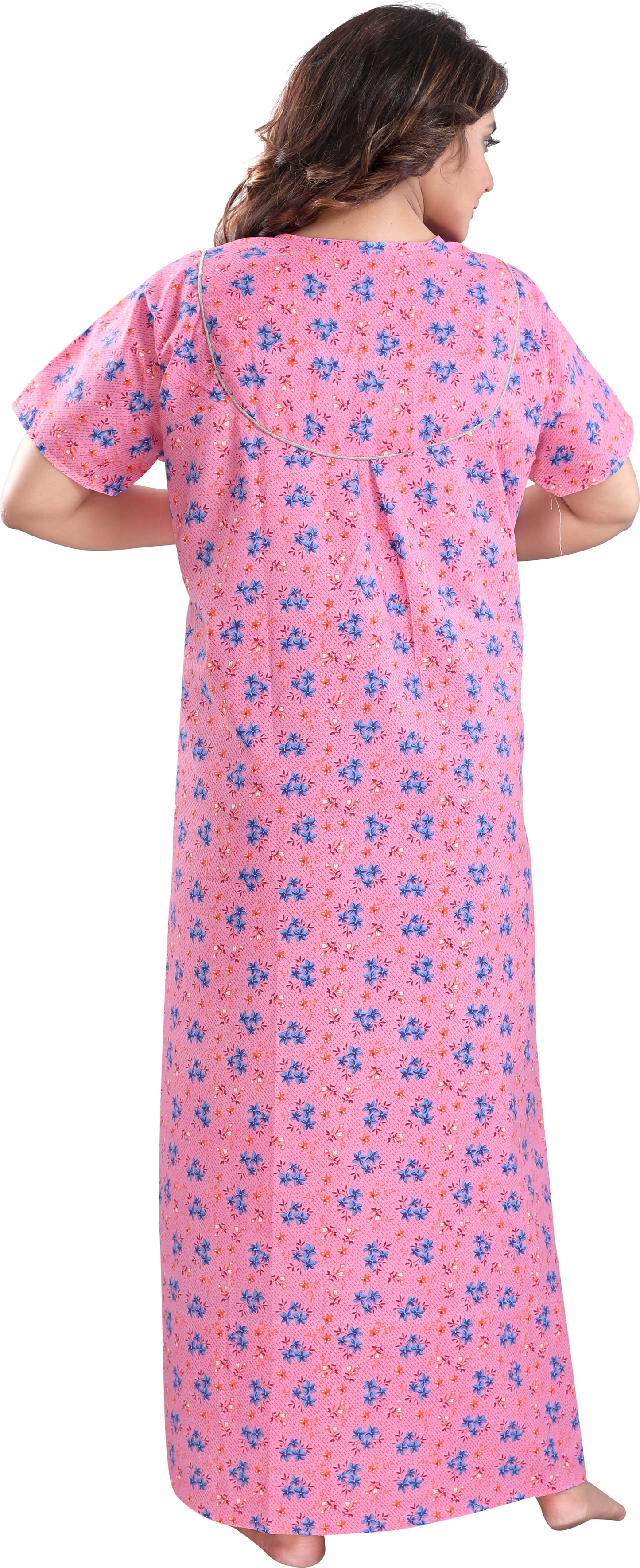 Fabme Women's Pink Printed Cotton Full Length EveryDay Night Dress Nighty