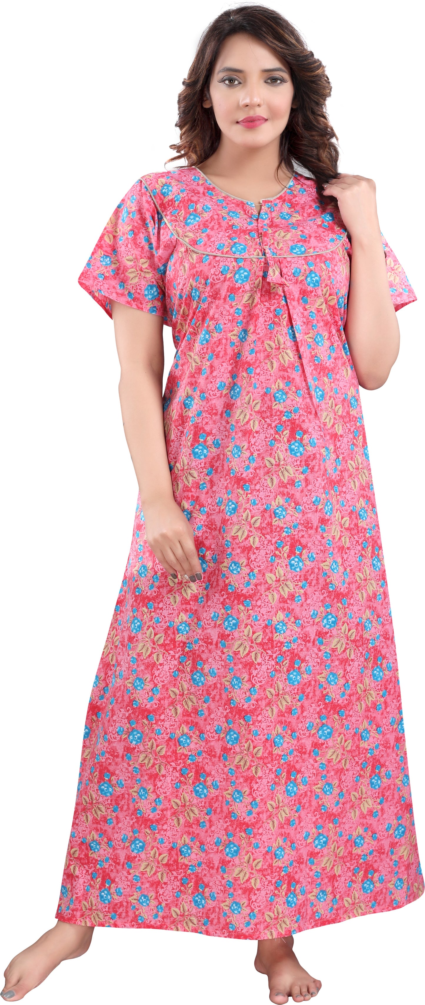 Fabme Women's Dark Pink Printed Cotton Full Length EveryDay Night Dress Nighty