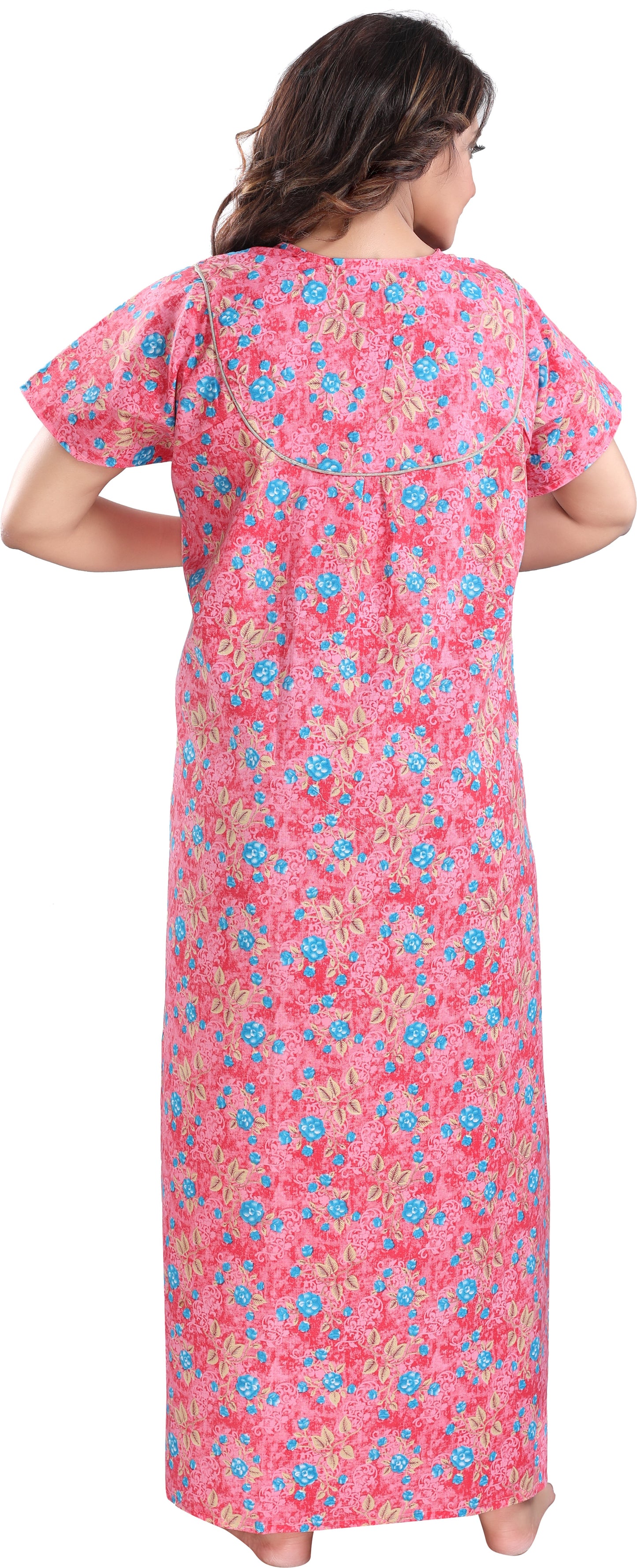 Fabme Women's Dark Pink Printed Cotton Full Length EveryDay Night Dress Nighty