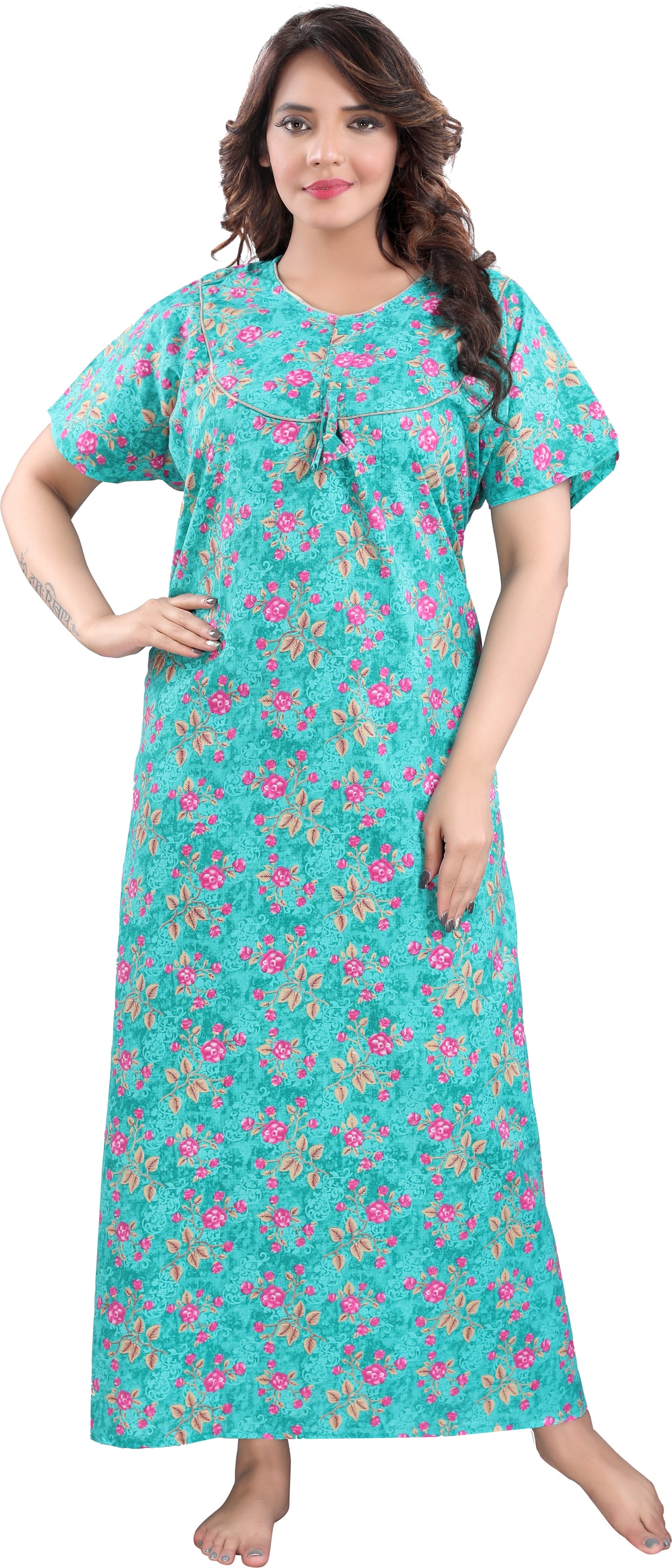 Fabme Women's Green Printed Cotton Full Length EveryDay Night Dress Nighty