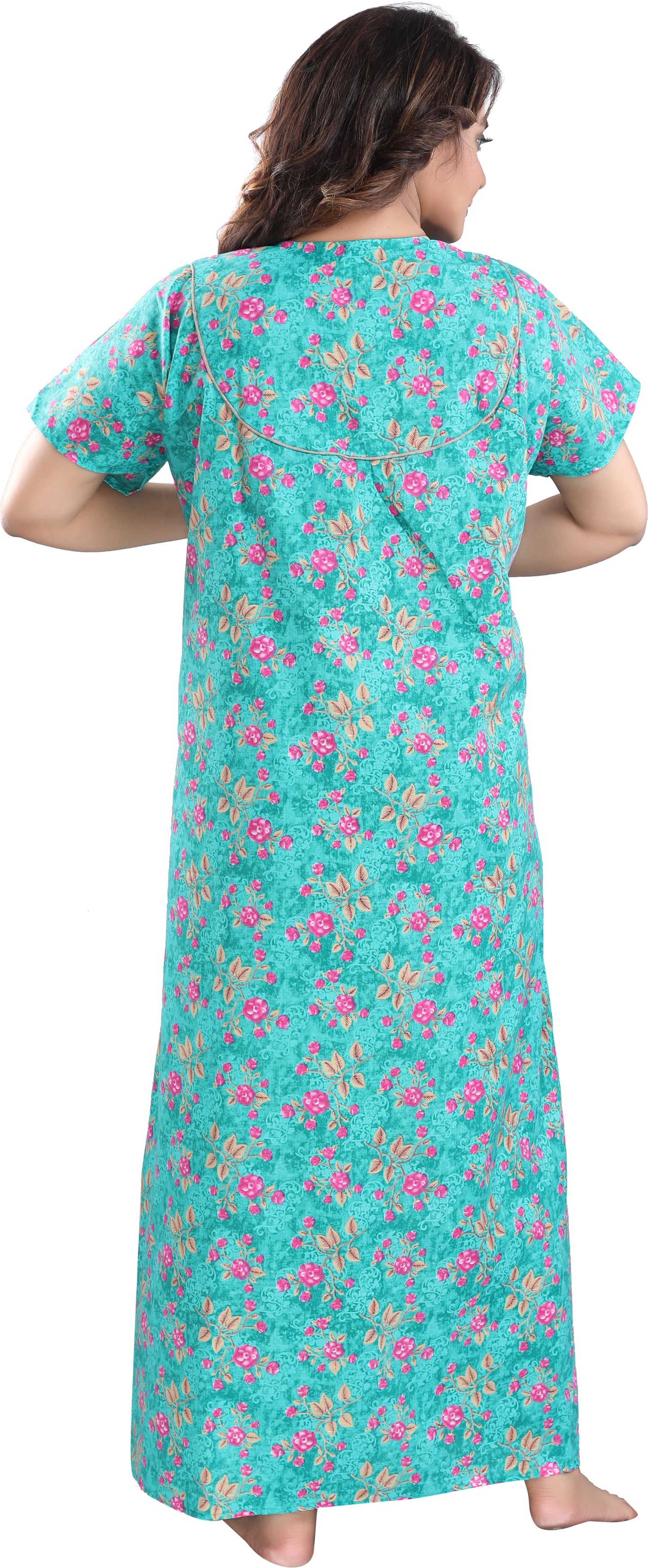 Fabme Women's Green Printed Cotton Full Length EveryDay Night Dress Nighty
