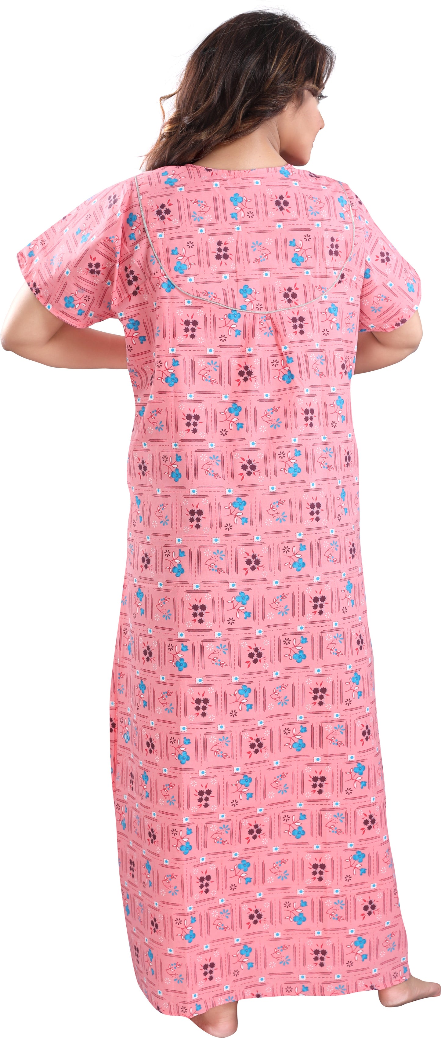 Fabme Women's Pink Printed Cotton Full Length EveryDay Night Dress Nighty