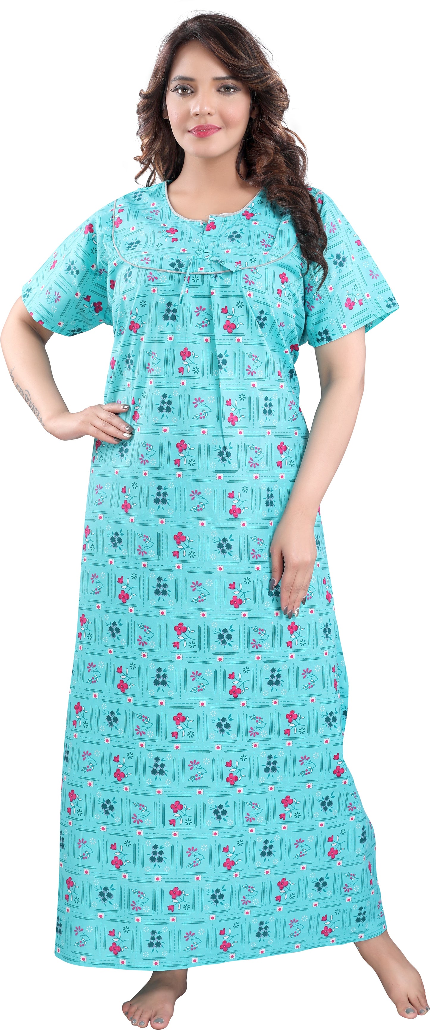 Fabme Women's Sea Green Printed Cotton Full Length EveryDay Night Dress Nighty