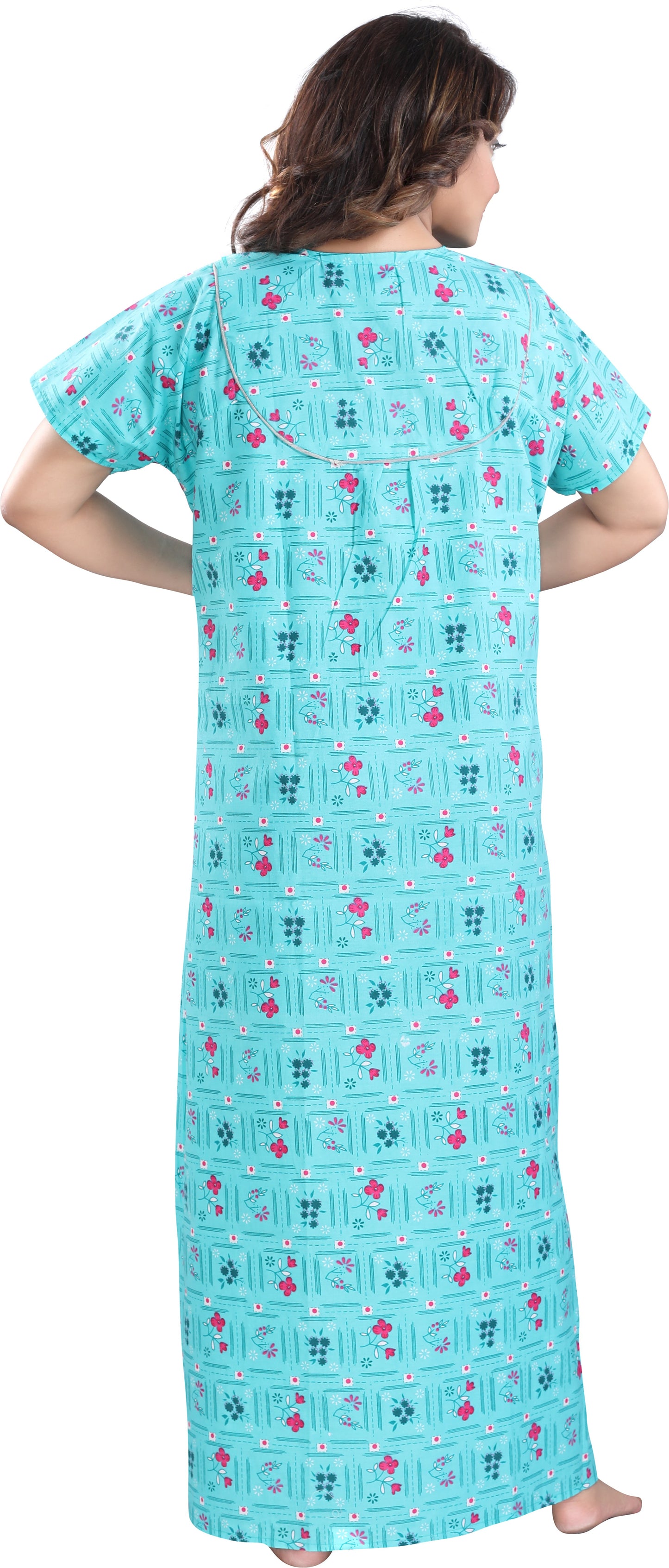 Fabme Women's Sea Green Printed Cotton Full Length EveryDay Night Dress Nighty