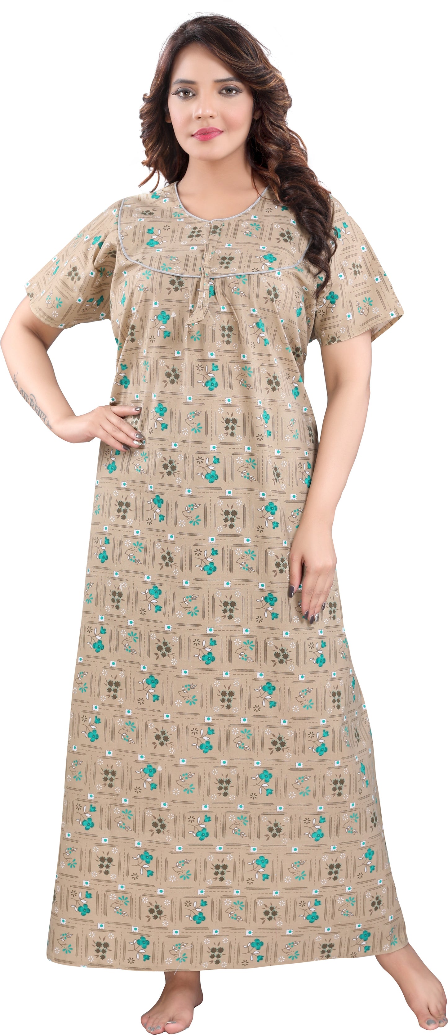 Fabme Women's Skin Printed Cotton Full Length EveryDay Night Dress Nighty
