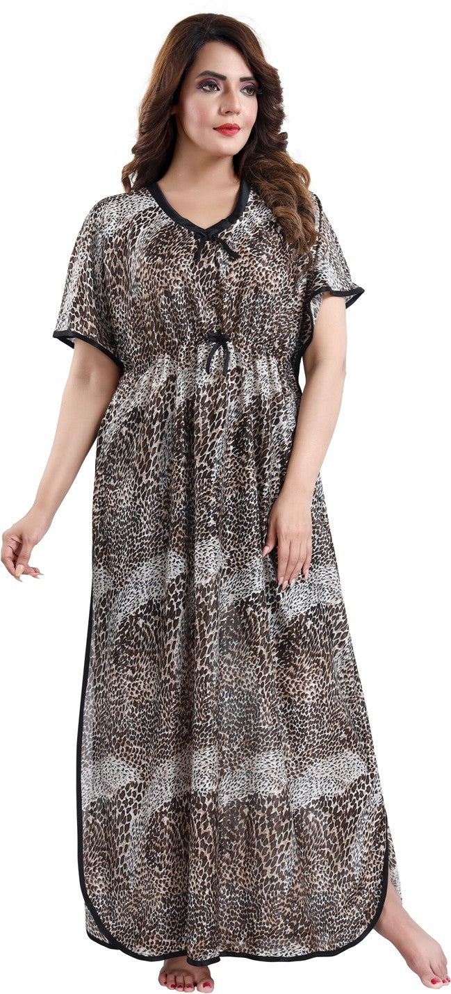 Fabme Women's Cheetah Printed Sarina Satin / Polyester Full Length EveryDay Night Dress Nighty