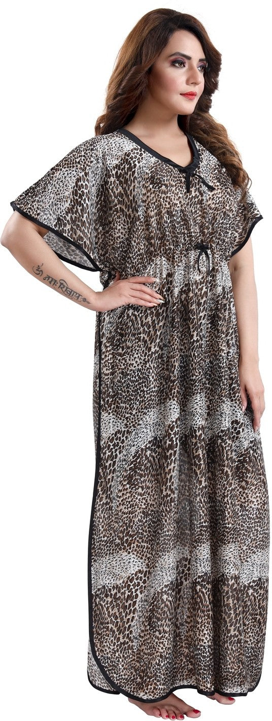 Fabme Women's Cheetah Printed Sarina Satin / Polyester Full Length EveryDay Night Dress Nighty