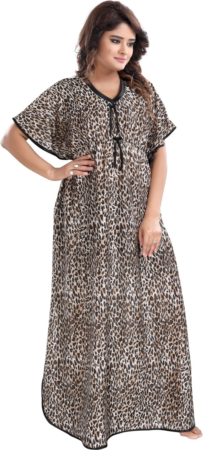 Fabme Women's Cheetah Printed Satin Full Length EveryDay Night Dress Nighty