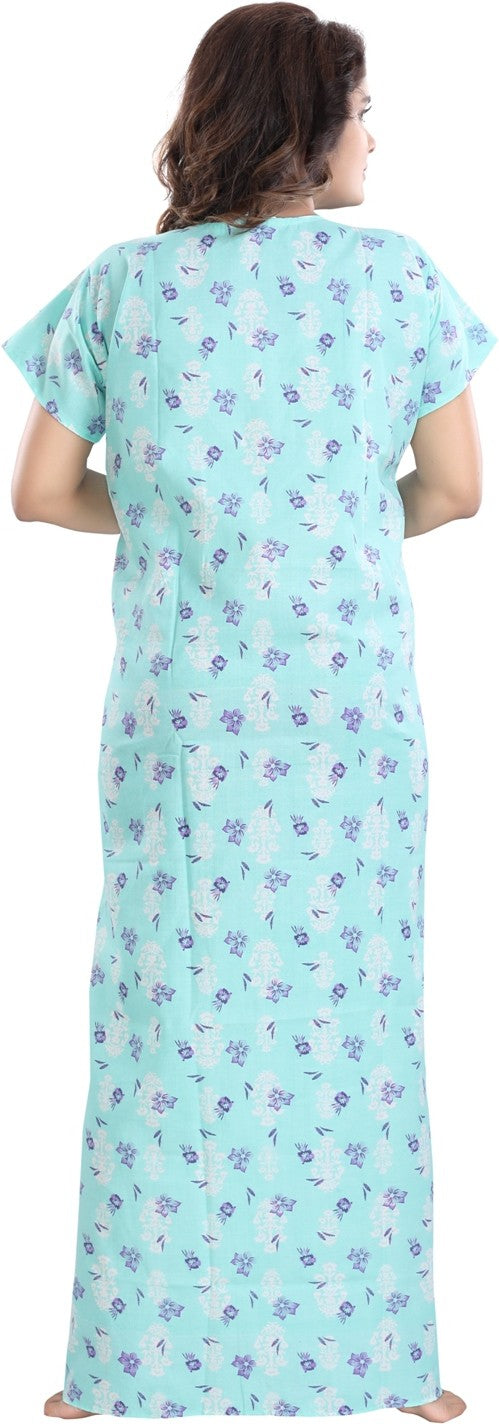 Fabme Women's Green Vertical Zip Cotton Full Length Maternity Night Dress Nighty