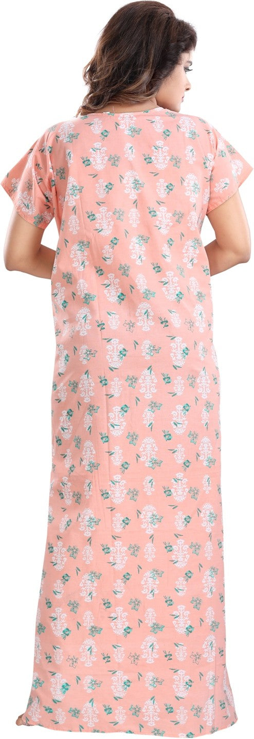 Fabme Women's Orange Vertical Zip Cotton Full Length Maternity Night Dress Nighty