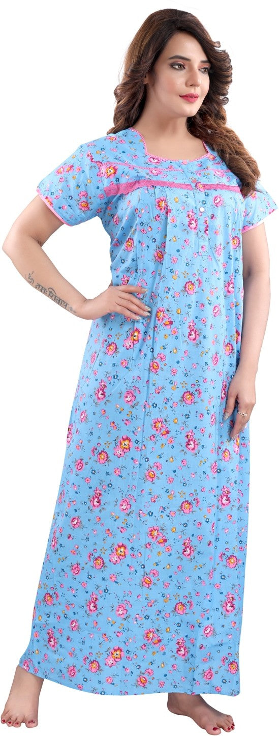 Fabme Women's Blue Horizontal Zip Cotton Full Length Maternity Night Dress Nighty