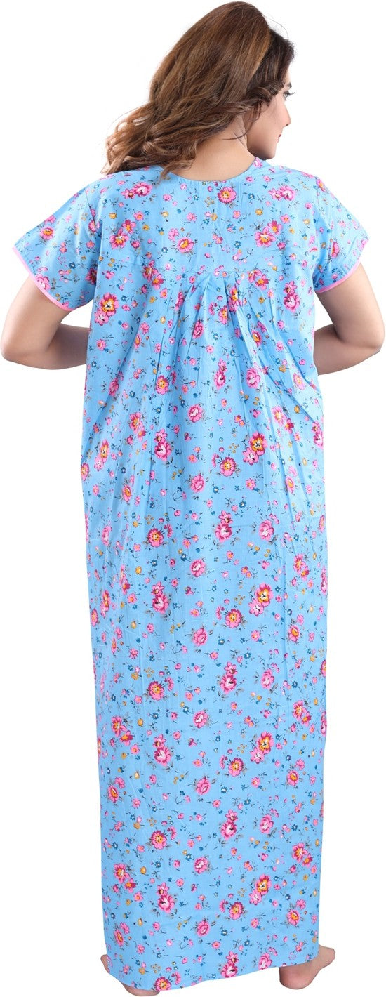 Fabme Women's Blue Horizontal Zip Cotton Full Length Maternity Night Dress Nighty