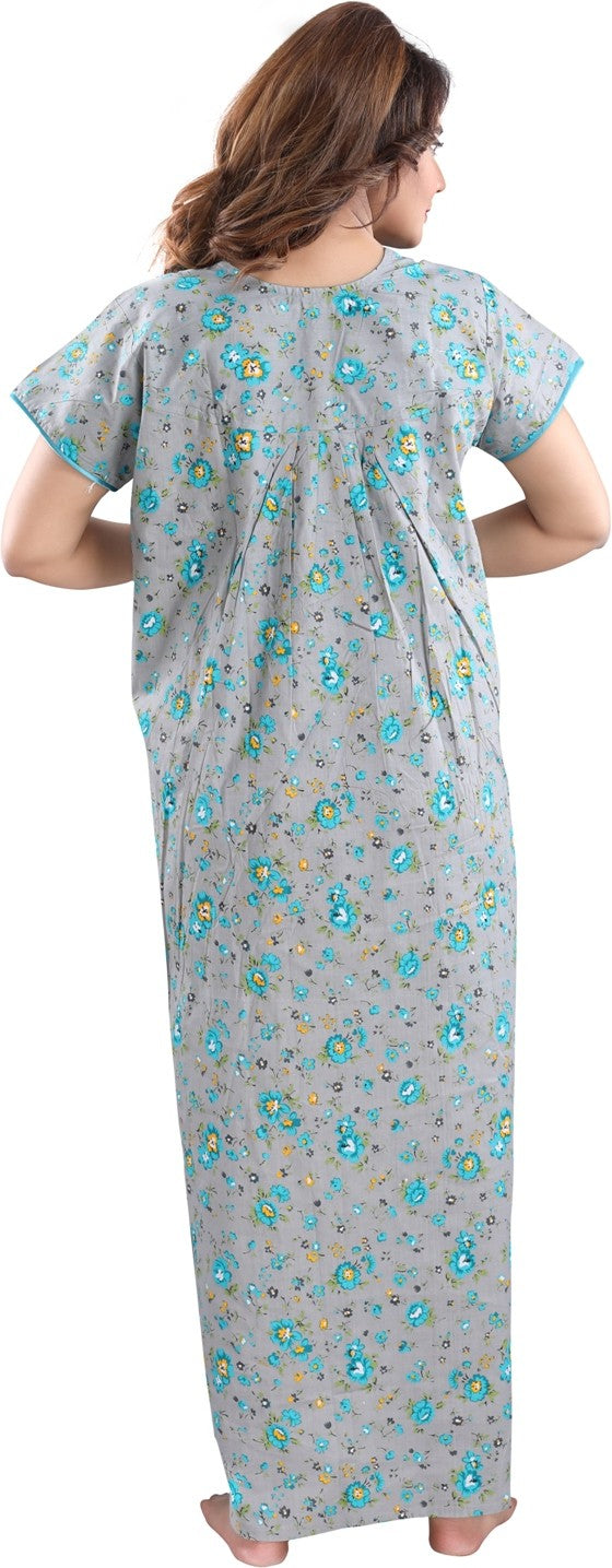 Fabme Women's grey Horizontal Zip Cotton Full Length Maternity Night Dress Nighty