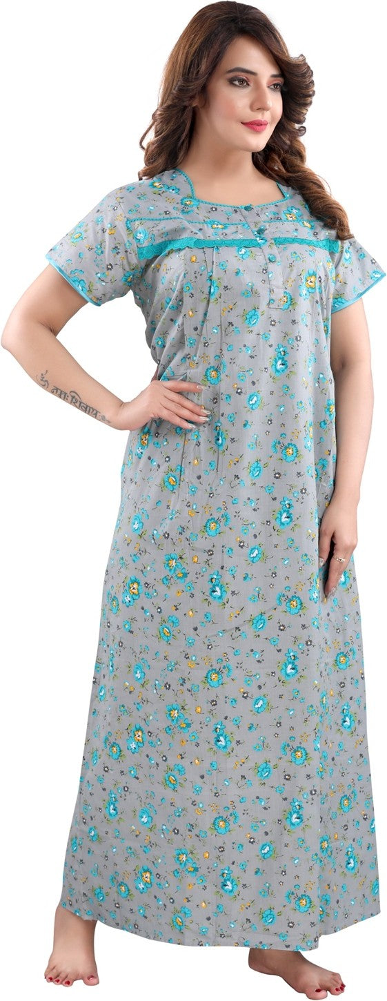 Fabme Women's grey Horizontal Zip Cotton Full Length Maternity Night Dress Nighty