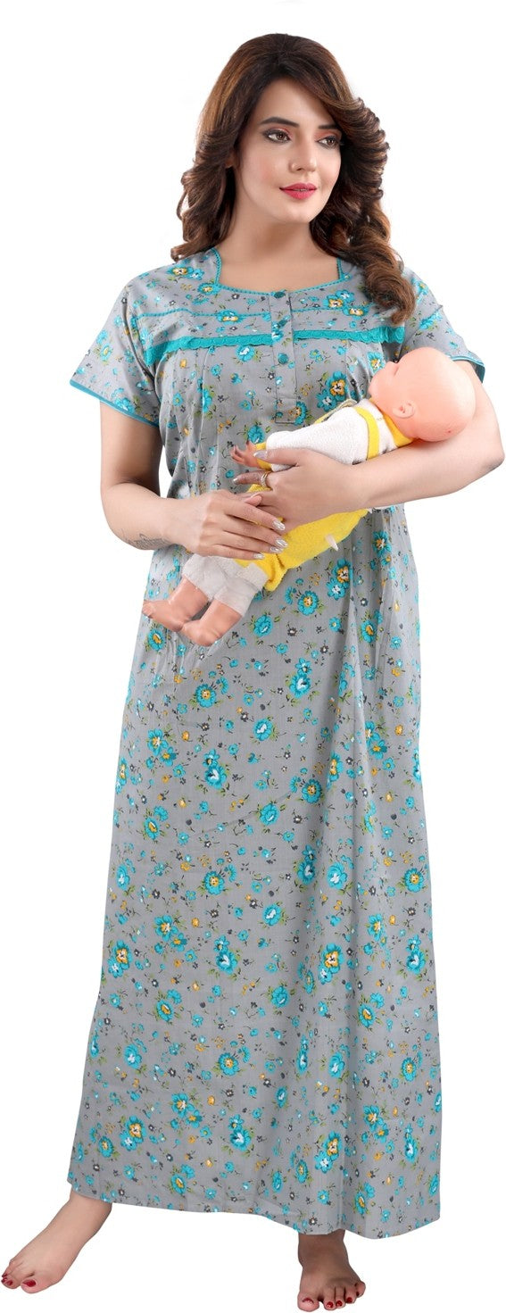 Fabme Women's grey Horizontal Zip Cotton Full Length Maternity Night Dress Nighty