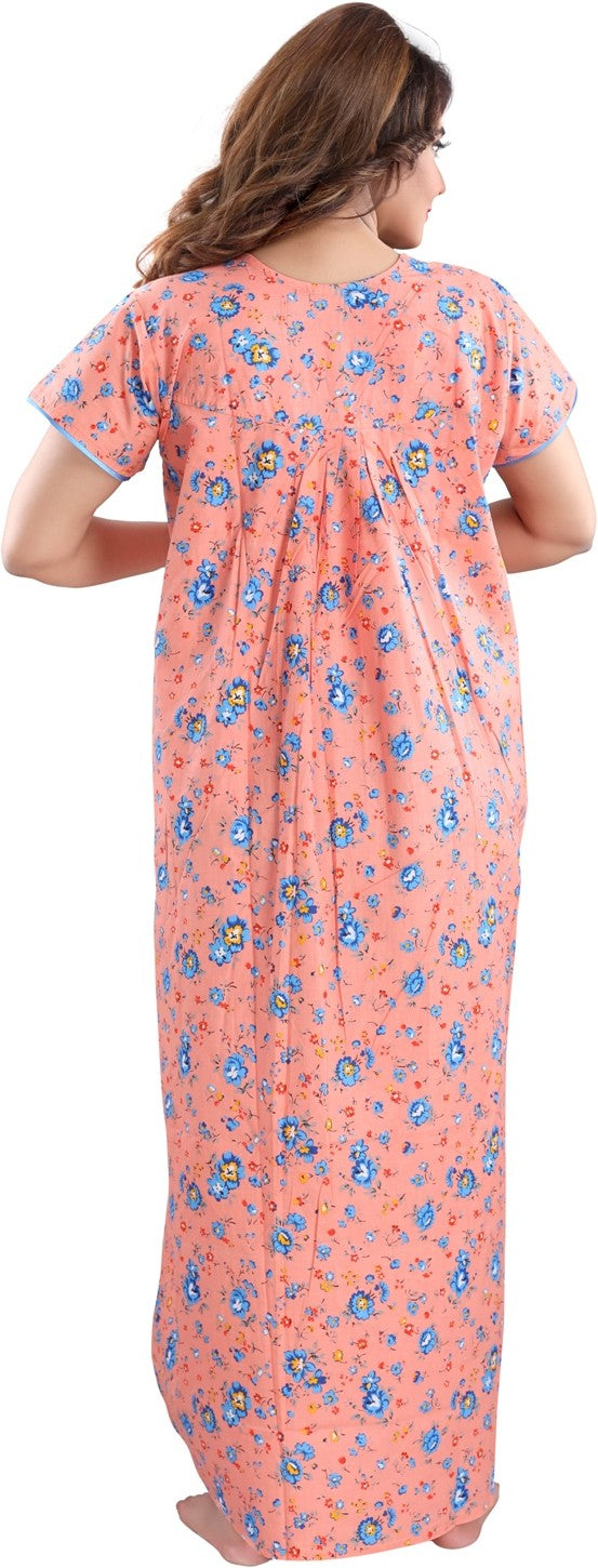 Fabme Women's Orange Horizontal Zip Cotton Full Length Maternity Night Dress Nighty