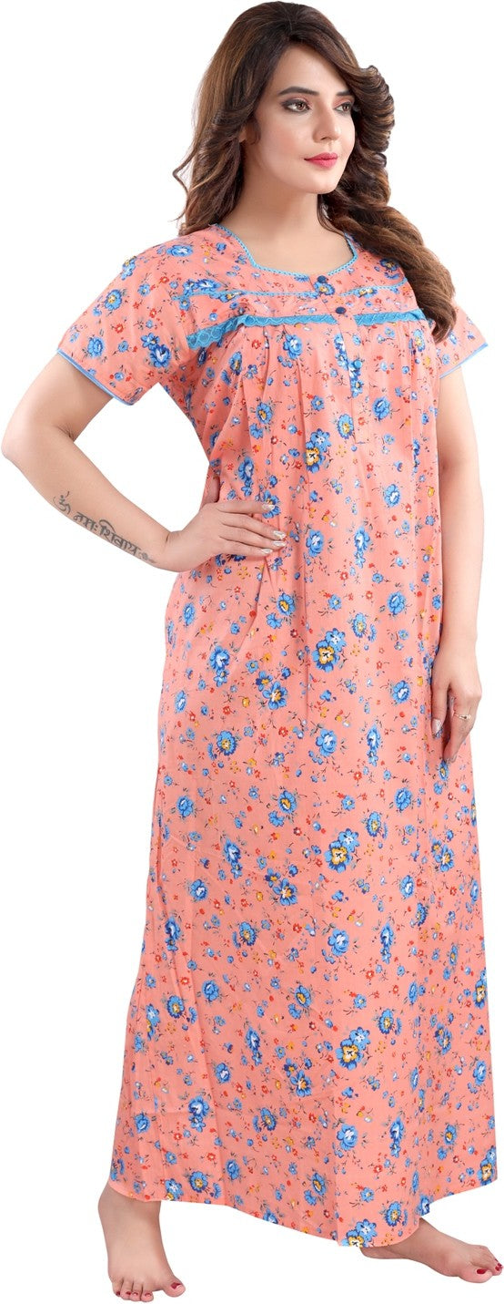 Fabme Women's Orange Horizontal Zip Cotton Full Length Maternity Night Dress Nighty