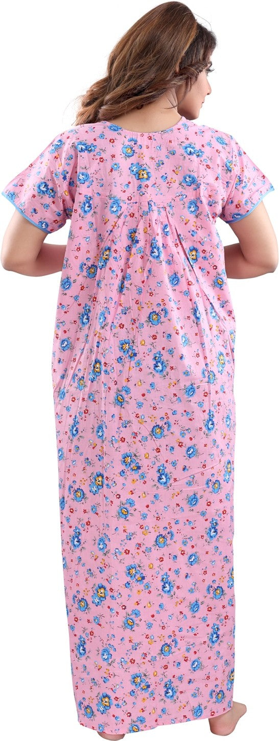 Fabme Women's Pink Horizontal Zip Cotton Full Length Maternity Night Dress Nighty