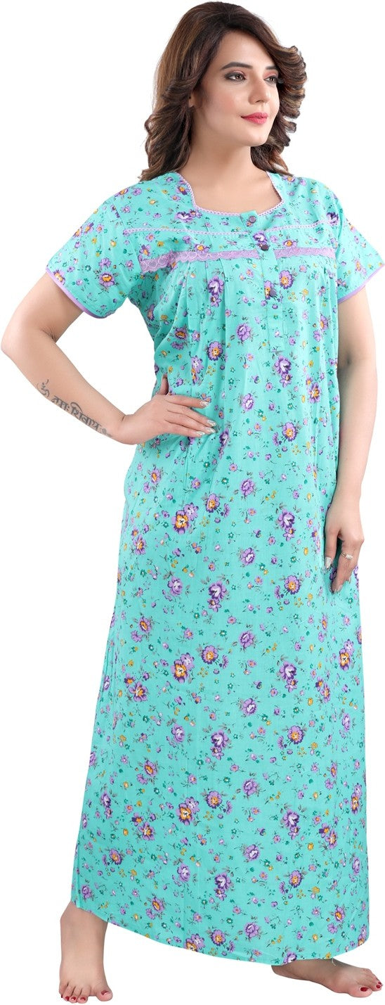Fabme Women's Sea Green Horizontal Zip Cotton Full Length Maternity Night Dress Nighty