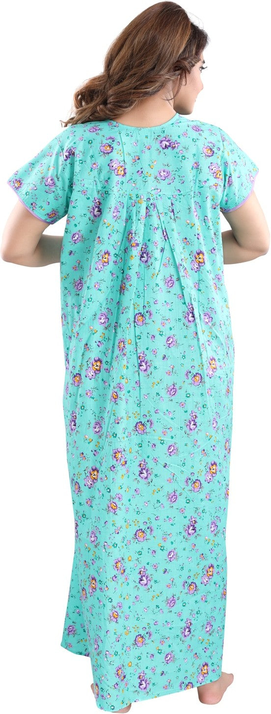 Fabme Women's Sea Green Horizontal Zip Cotton Full Length Maternity Night Dress Nighty
