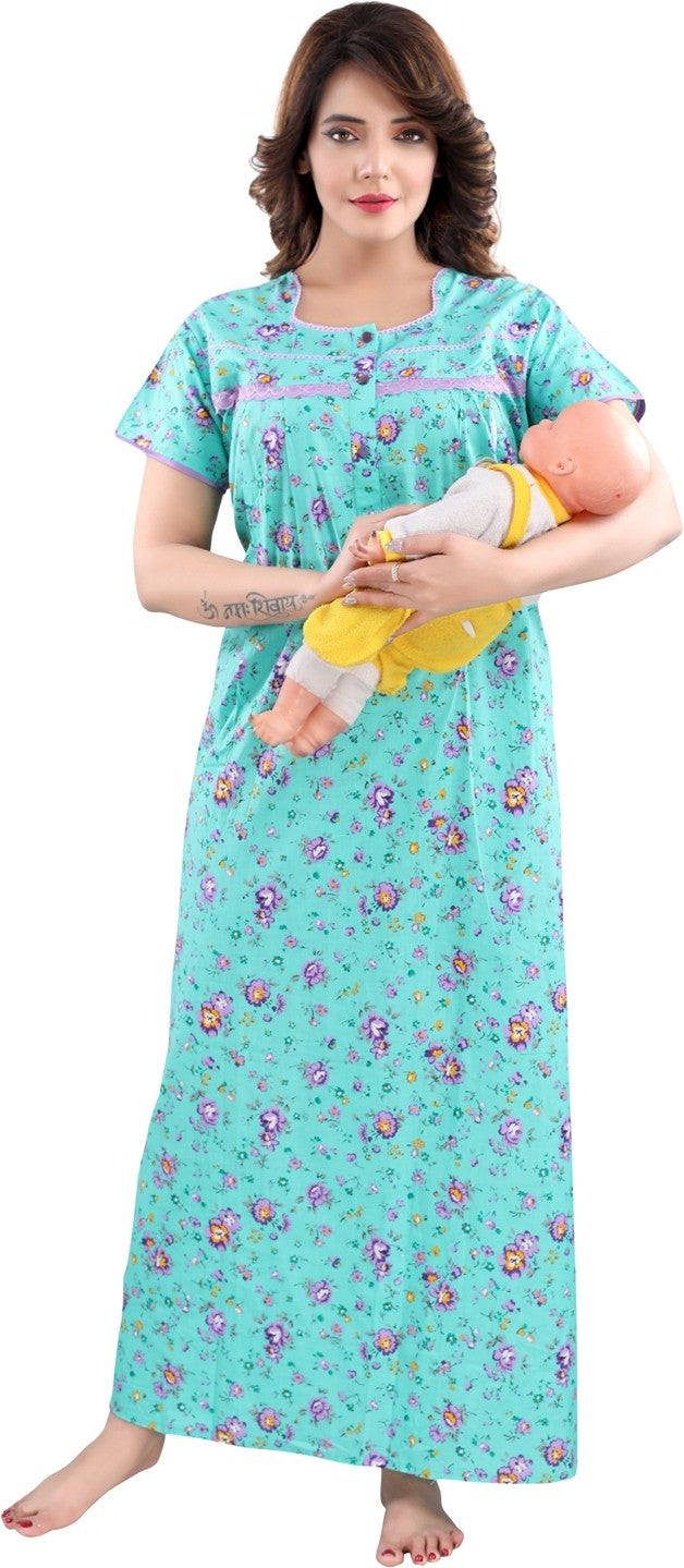 Fabme Women's Sea Green Horizontal Zip Cotton Full Length Maternity Night Dress Nighty