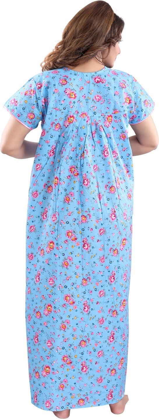 Fabme Women's Blue Printed Cotton Full Length EveryDay Night Dress Nighty