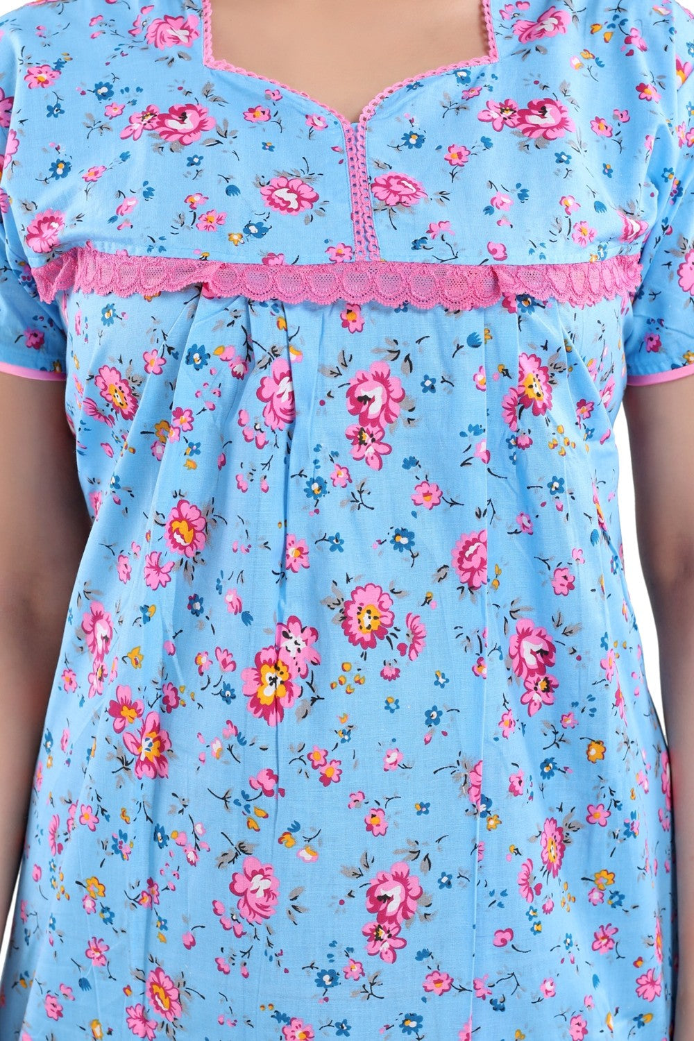Fabme Women's Blue Printed Cotton Full Length EveryDay Night Dress Nighty