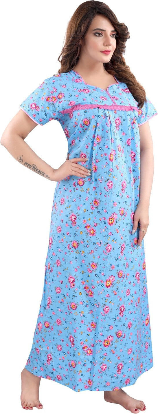 Fabme Women's Blue Printed Cotton Full Length EveryDay Night Dress Nighty