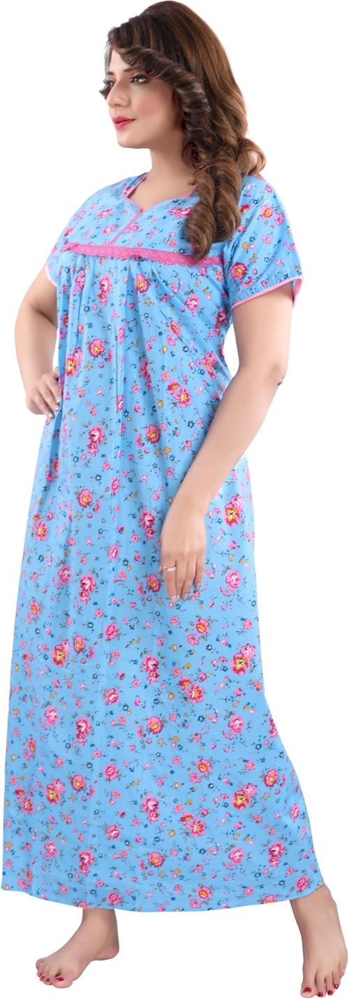 Fabme Women's Blue Printed Cotton Full Length EveryDay Night Dress Nighty