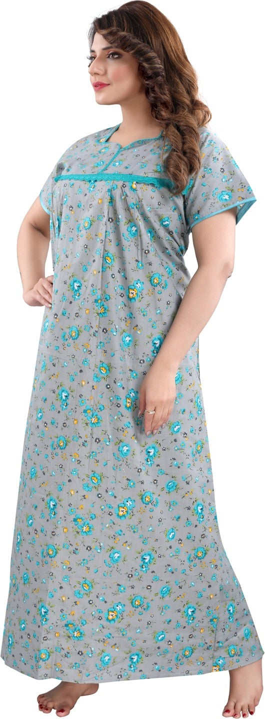 Fabme Women's grey Printed Cotton Full Length EveryDay Night Dress Nighty