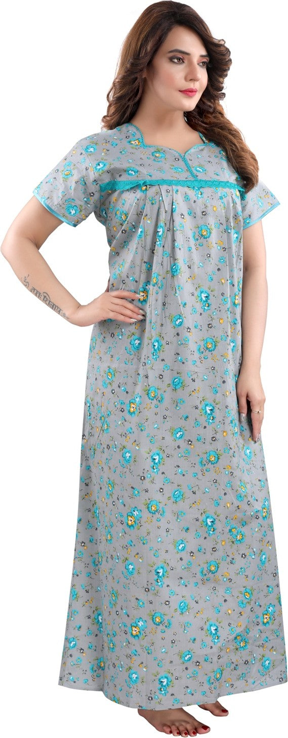 Fabme Women's grey Printed Cotton Full Length EveryDay Night Dress Nighty
