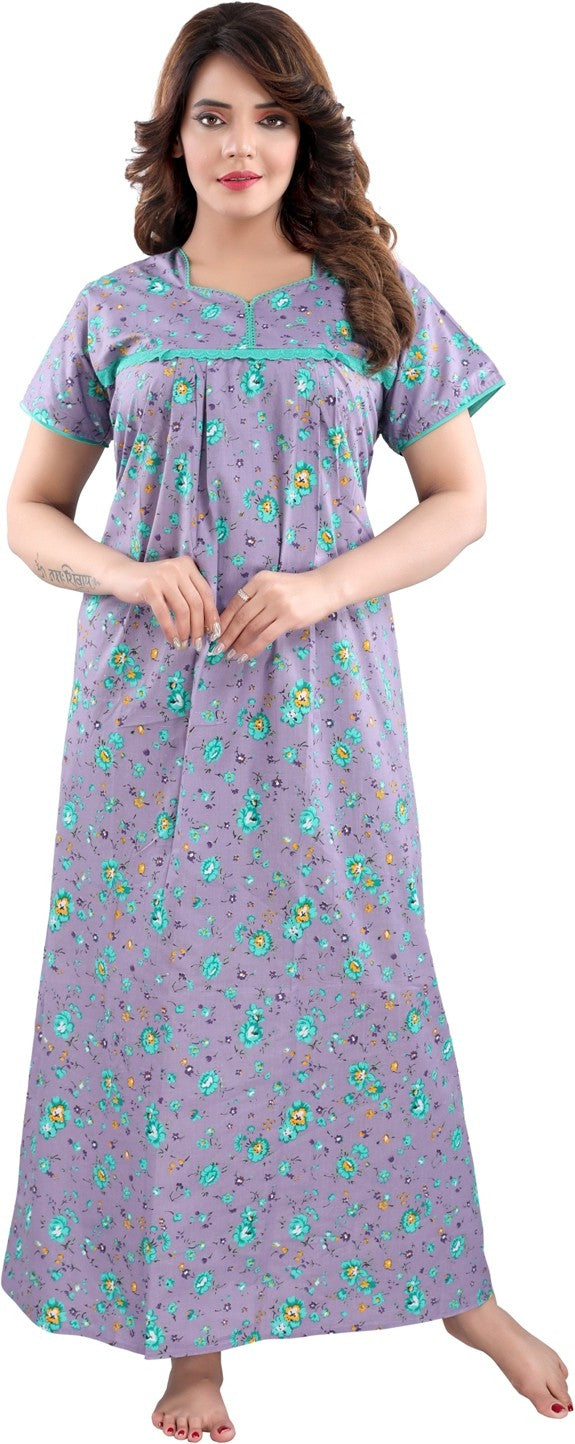 Fabme Women's Lavender Printed Cotton Full Length EveryDay Night Dress Nighty