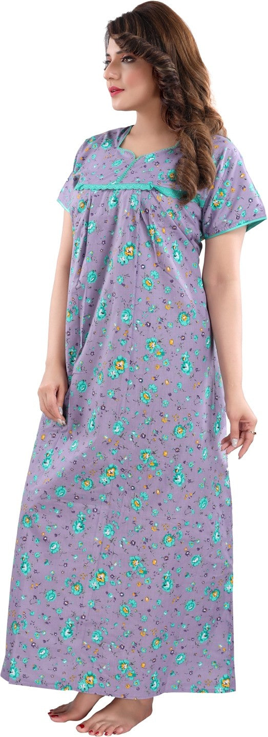 Fabme Women's Lavender Printed Cotton Full Length EveryDay Night Dress Nighty