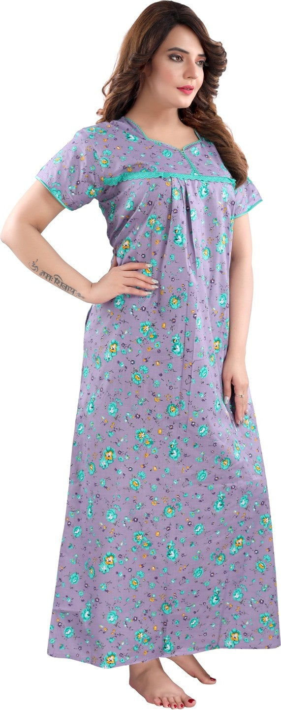 Fabme Women's Lavender Printed Cotton Full Length EveryDay Night Dress Nighty